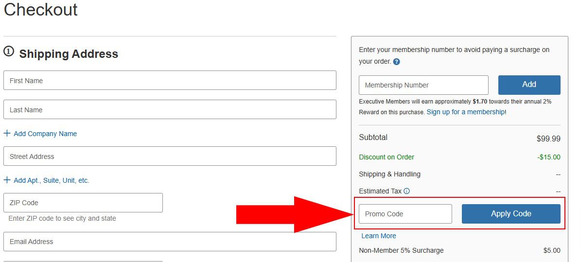 Costco coupon code box on checkout page