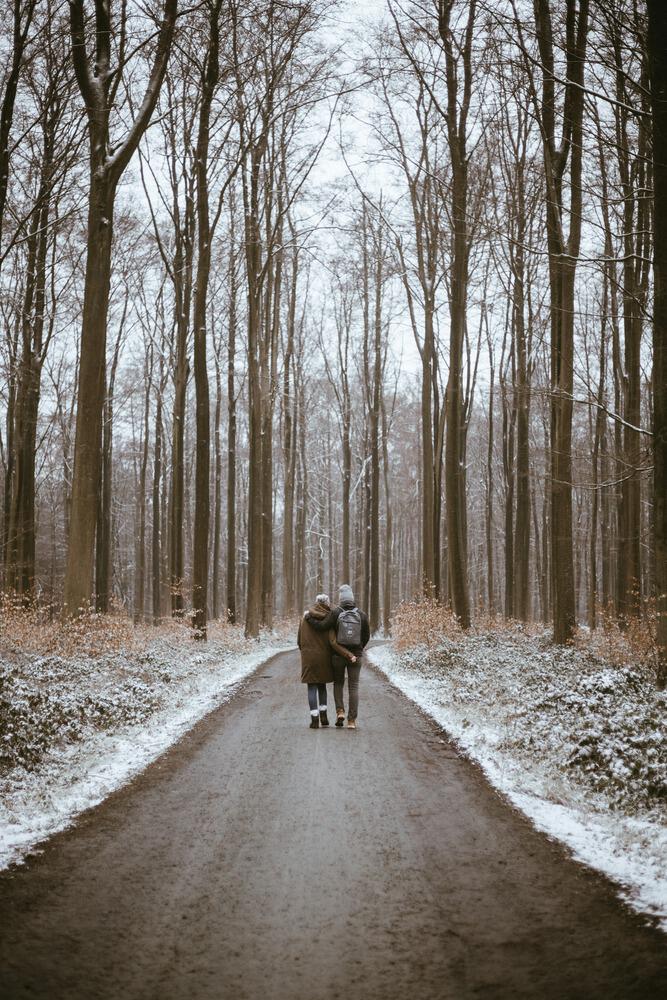 Couple walking in a snowey forest