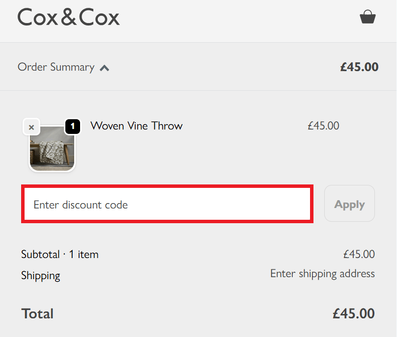 Cox and Cox discount code box - basket page