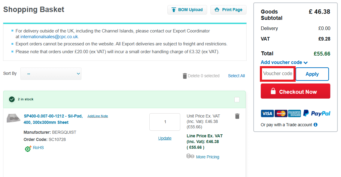 CPC discount code input box during checkout