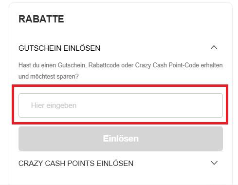 Eingabefeld um einen Crazy Factory Gutschein einzulösen