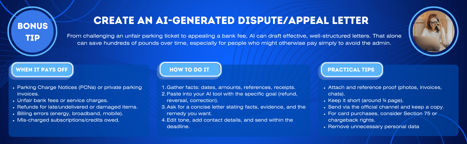 How to create an AI-generated dispute letter infographic providing practical tips on how a well structured letter can help to removed unfair costs, like parking charges, bank fees and late return fines