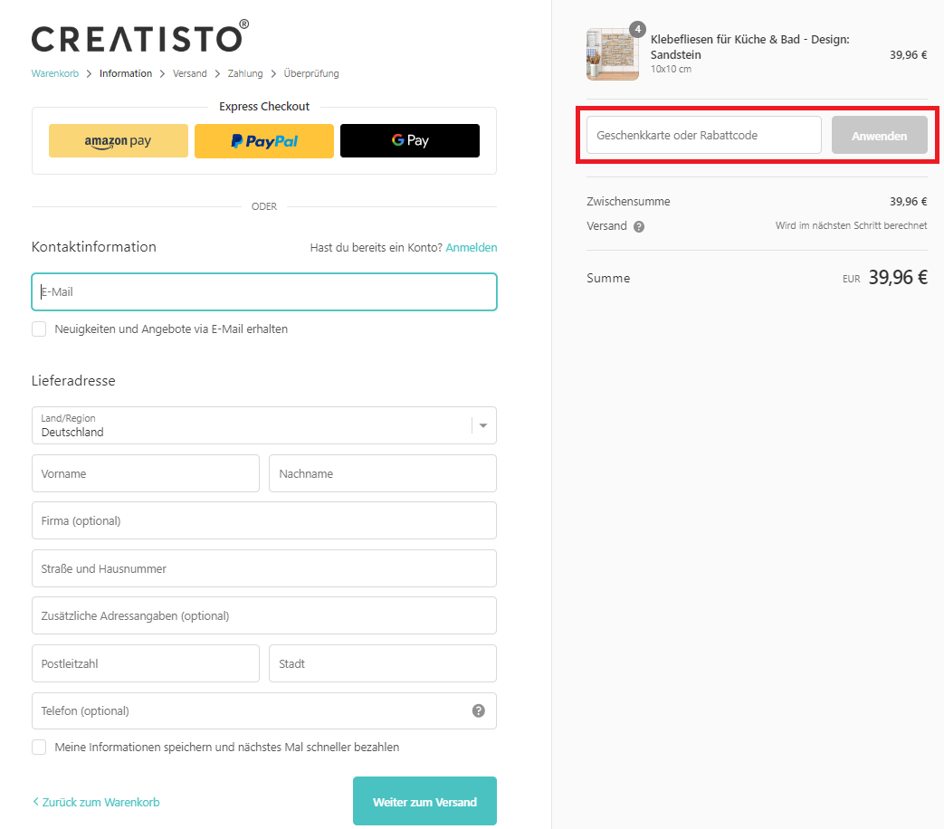 Screenshot vom EIngabefeld, in dem du beim Bestellen einen Creatisto-Gutschein anwenden kannst