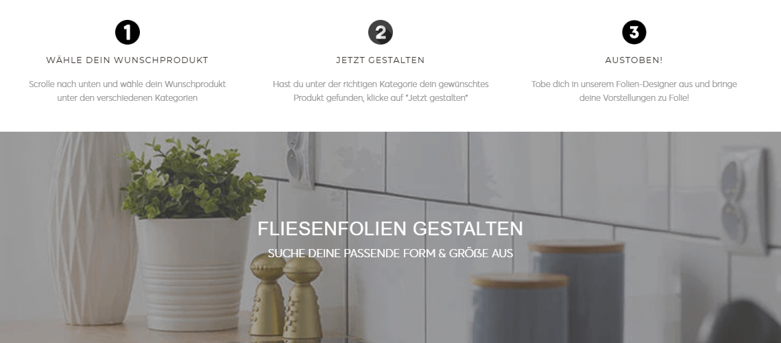 Creatisto-Klebefolien selbst gestalten in drei Schritten: Produkt auswählen, auf "Gestalten" klicken und dein Design erstellen