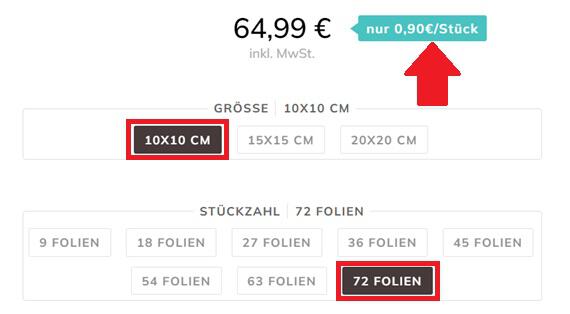 Screenshot der Auswahl von 72 Folien in 10x10cm für 0,90€ pro Stück