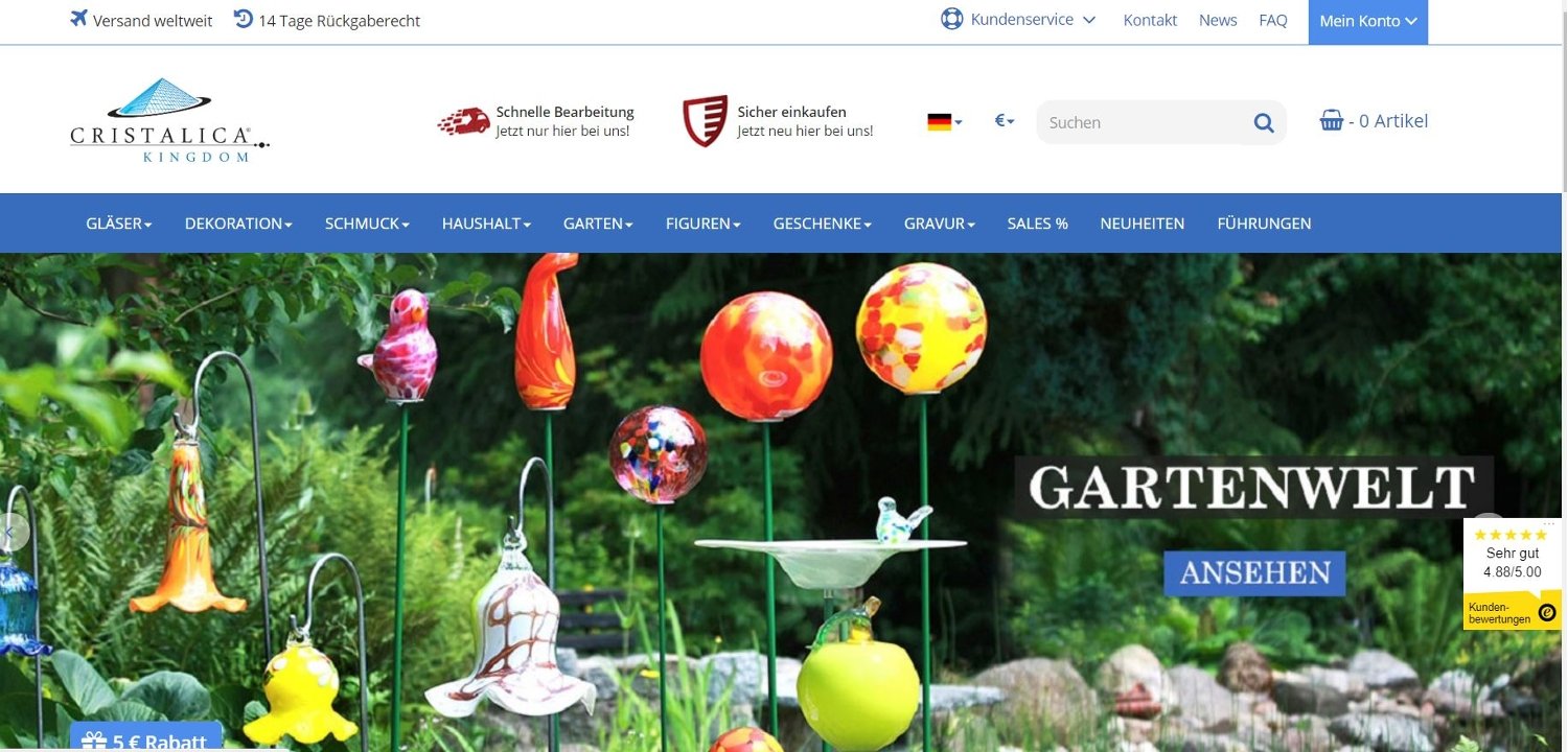 Banner für die Cristalica-Gutscheinseite: Screenshot vom Cristalica-Online-Shop