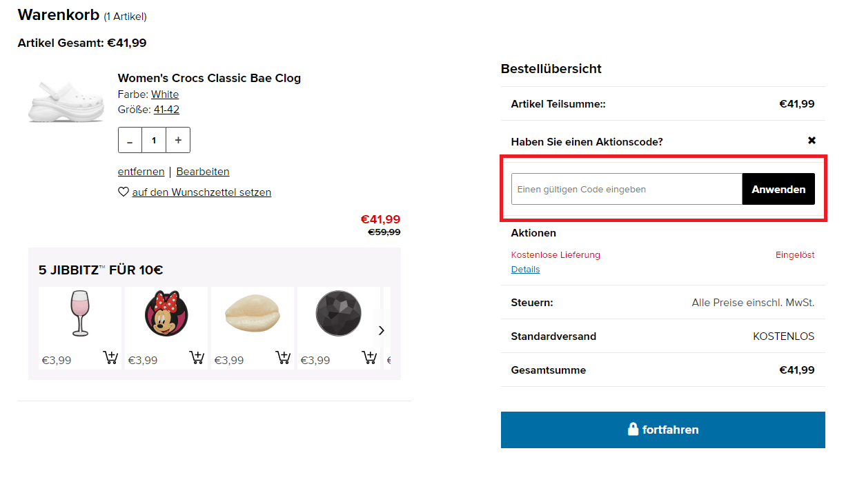 Screenshot des Eingabefelds, in dem du einen Crocs-Rabattcode anwenden kannst