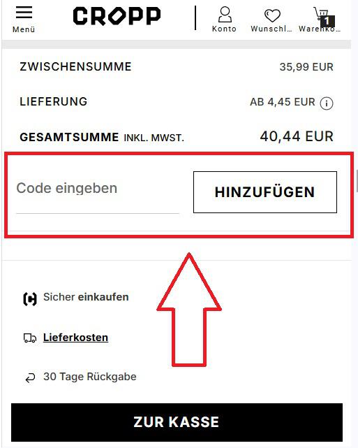 Warenkorb-Ansicht vom Online-Shop, um deinen Cropp Gutscheincode einzulösen