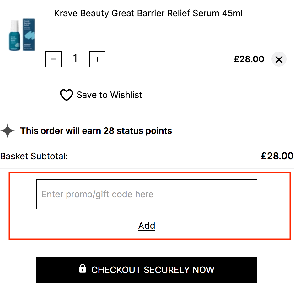 Eingabefeld für den Cult Beauty Rabattcode im Warenkorb