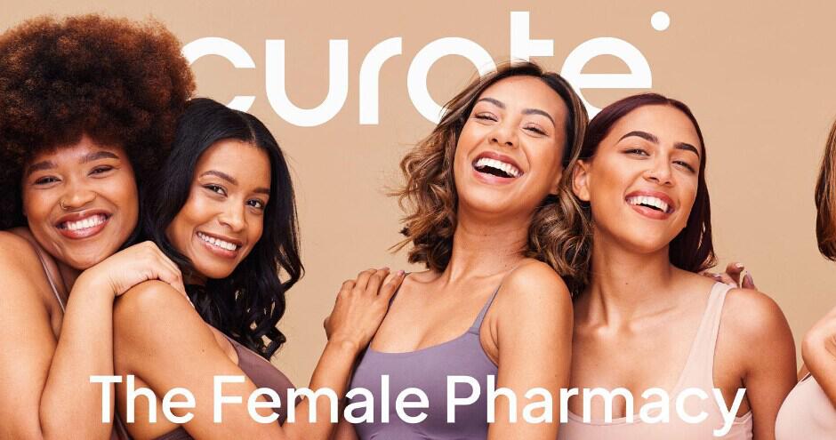 Curate Health savings guide image - Women laughing with logo above. Text says The female pharmacy
