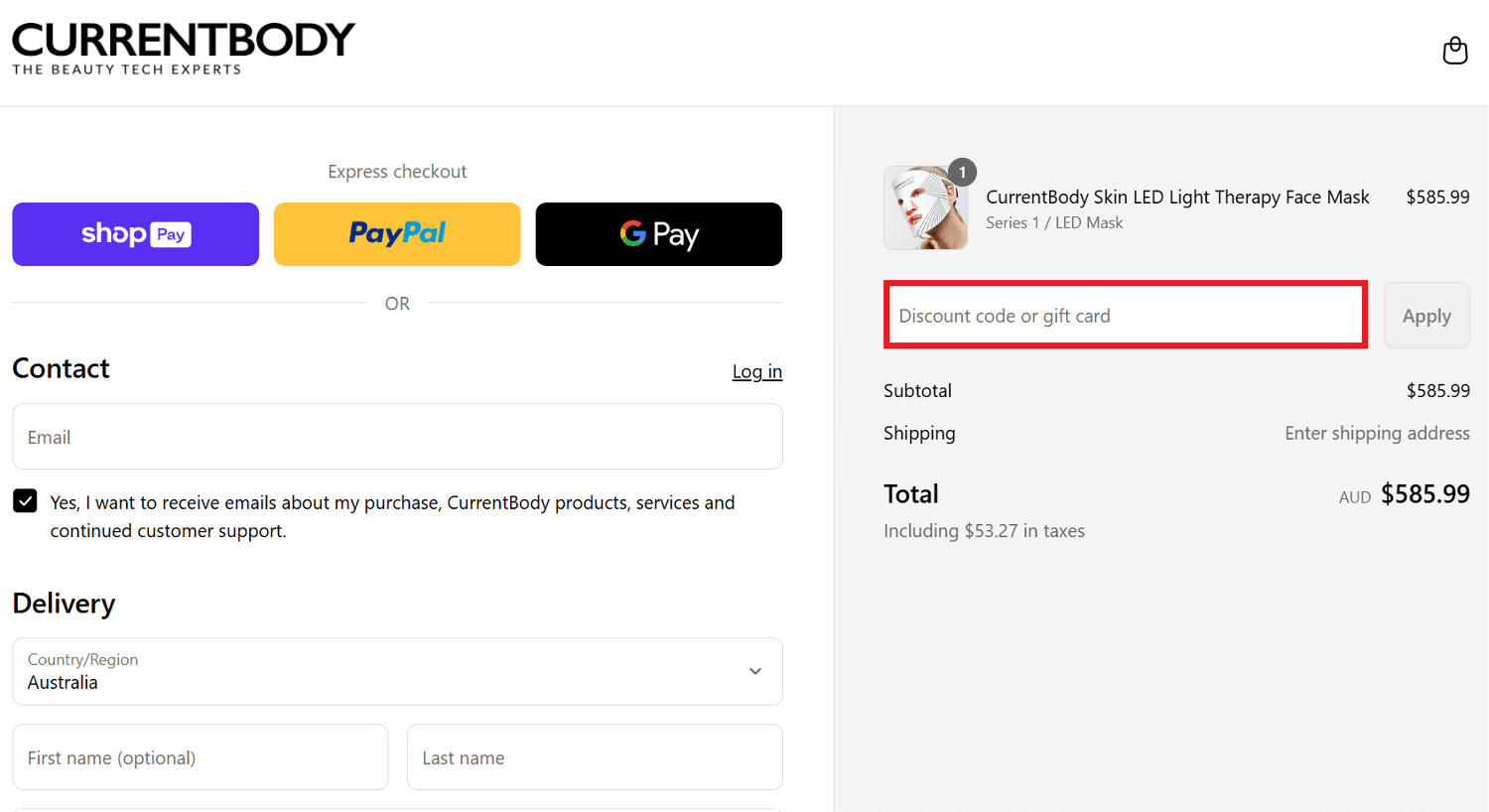 CurrentBody discount code redemption box in basket