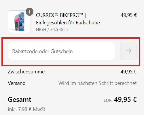 Warenkorb-Screenshot mit Eingabefeld für deinen Currex Gutschein