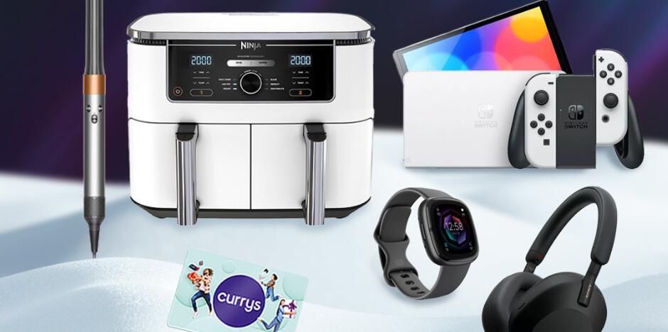 Currys christmas banner - A range of tech products on a snowy background, including an air fryer and headphones