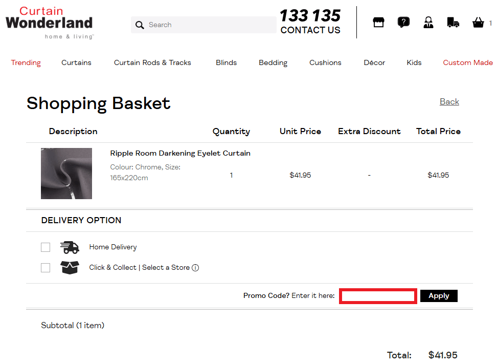 Curtain Wonderland promo code redemption box in shopping basket