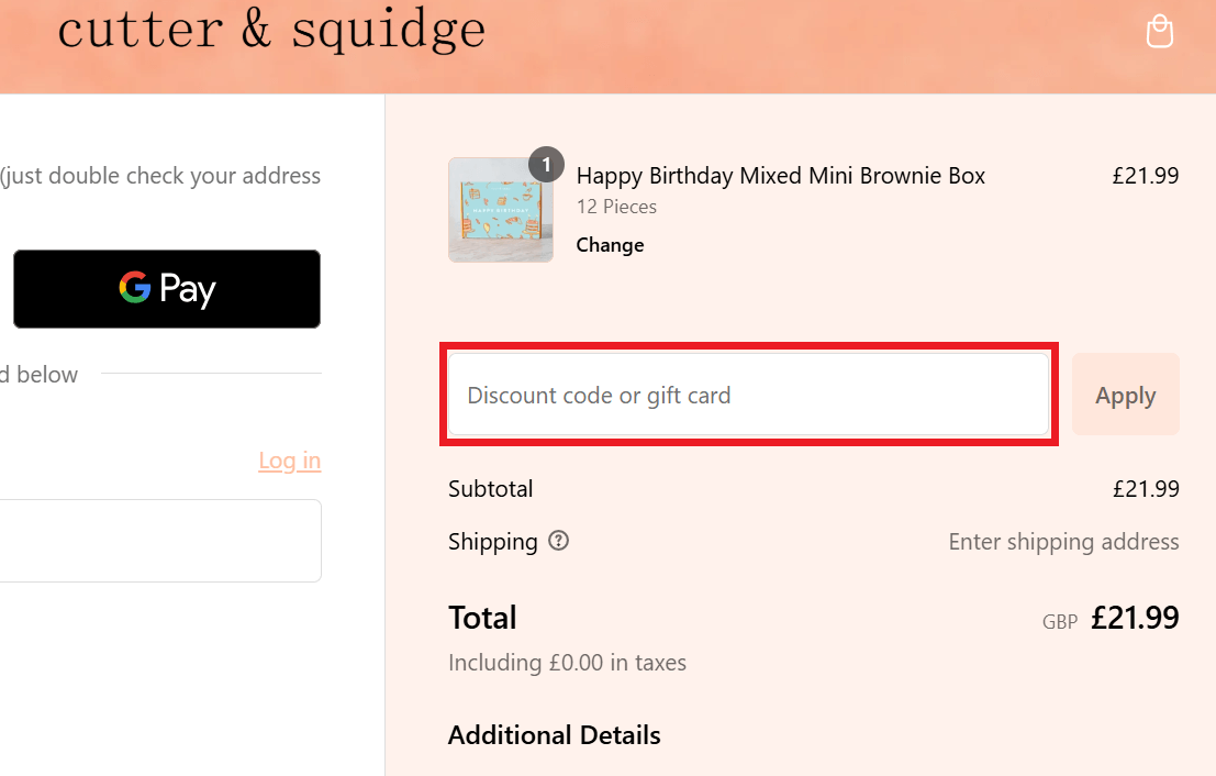 Cutter and Squidge discount code box in shopping basket