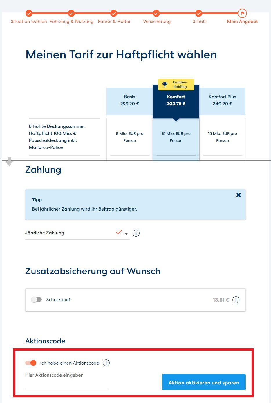 Eingabefeld, wo man einen DA Direkt Aktionscode einlösen kann
