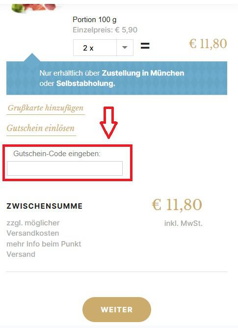 Warenkorb Ansicht im Online-Shop mit Eingabefeld für Dallmayr-Angeboten und Gutscheinen