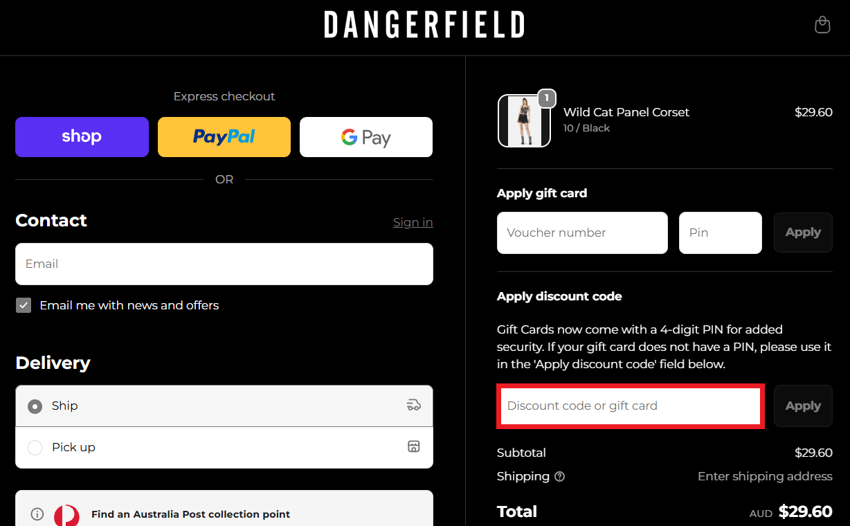 Dangerfield discount code redemption image