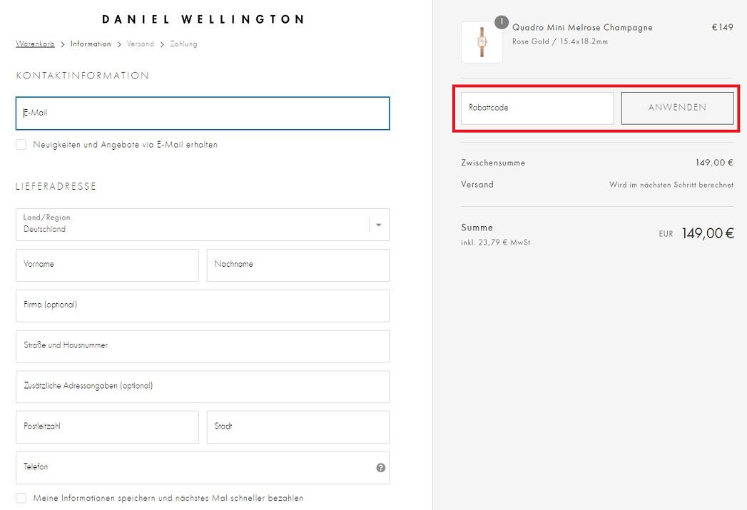 Screenshot aus dem Warenkorb mit Feld zum Einlösen vom Daniel Wellington Gutschein