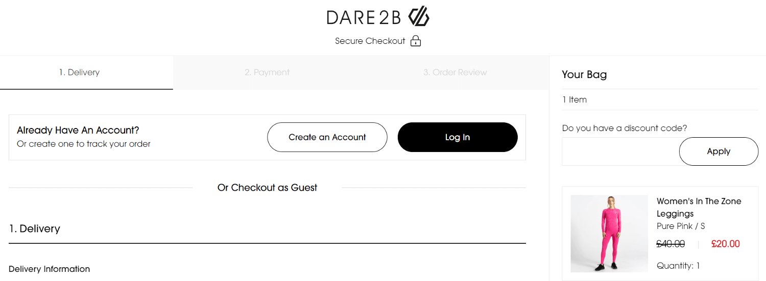 Screenshot of the Dare2b discount code application box on the Dare2b online checkout page