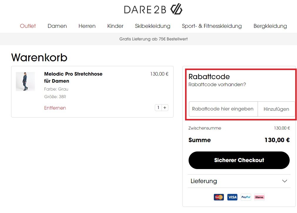 Screenshot vom Warenkorb mit Hinweis auf Rabattcode-Einlösung