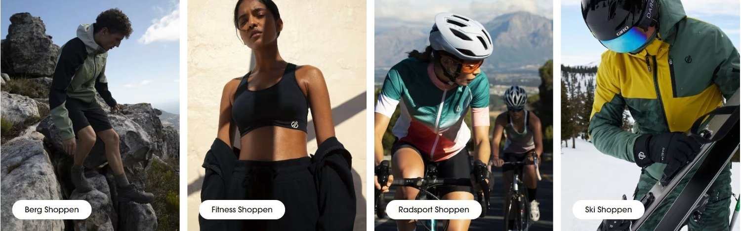 Übersichts des Dare2b Angebot mit den Rubriken Berg, Fitness, Radsport und Ski als Banner der Seite für Dare2b Gutscheine