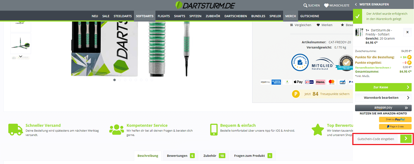 Screenshot des Eingabefelds für einen DartSturm Gutschein im Warenkorb