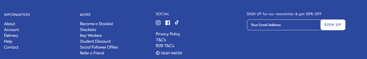 Dash website footer image showing location of Dash Drinks Socal Follow Offers deal