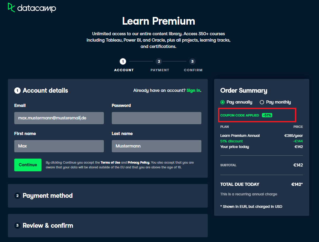Das DataCamp-Gutschein-Einlösen geschieht automatisch beim Bestellvorgang.