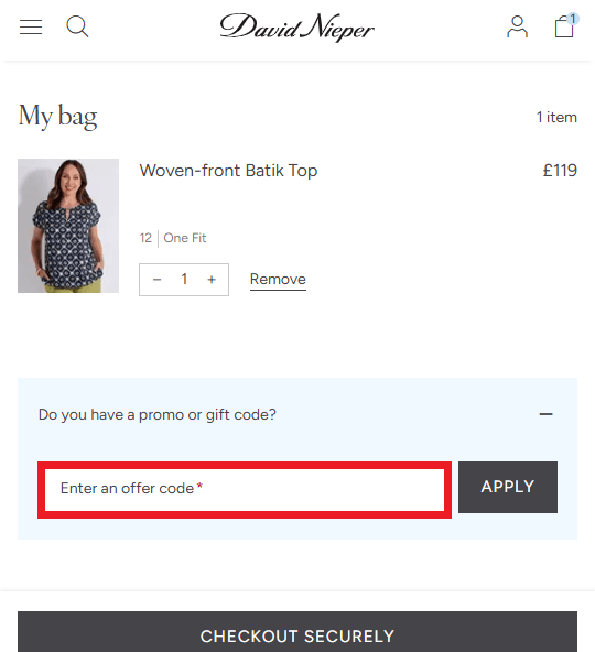 David Nieper discount code box in shopping basket image
