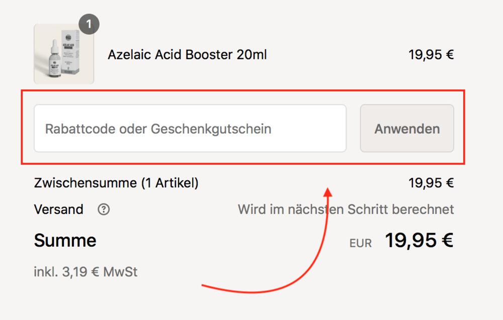 Warenkorb-Screenshot mit Eingabefeld für deinen DAYTOX Gutschein