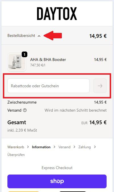 Eingabefeld für einen DAYTOX Rabattcode an der Online-Kasse
