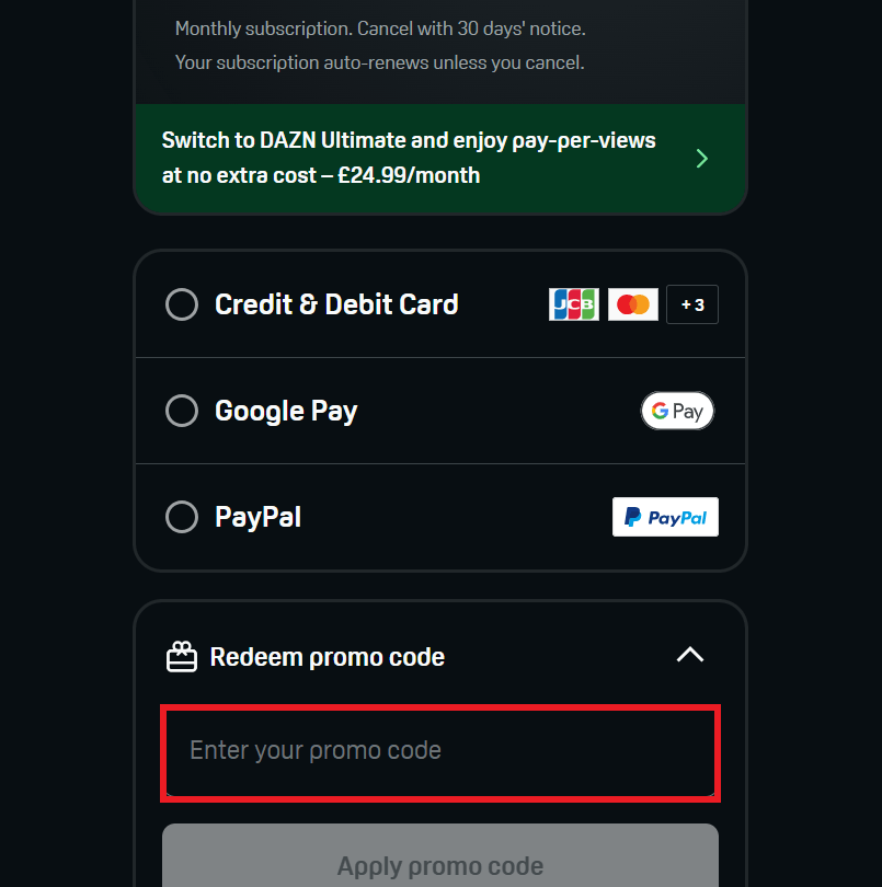 DAZN discount code box on payment screen image
