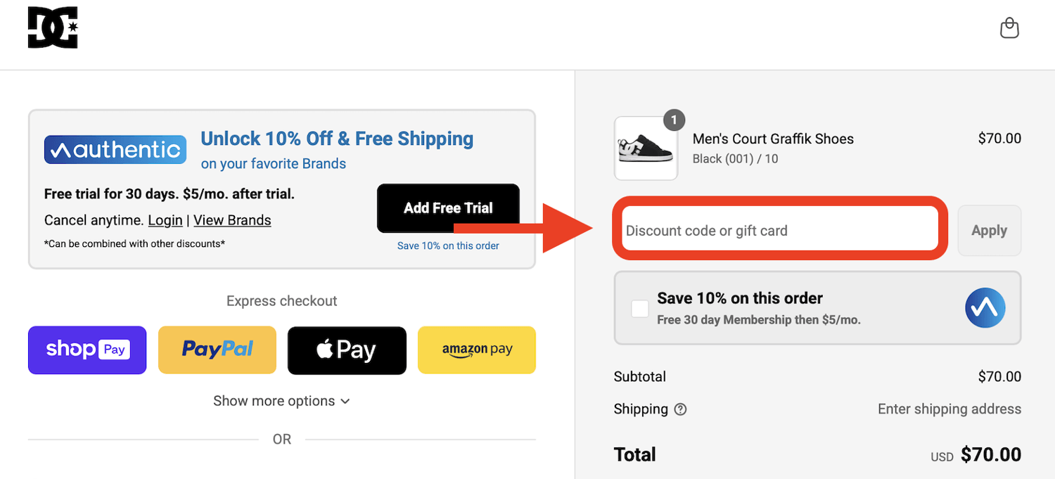 red arrow pointing to dc shoes discount code box