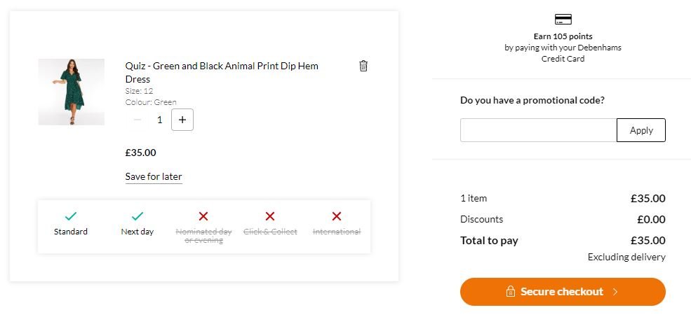Debenhams discount code redemption box