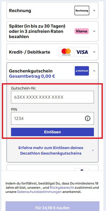 Eingabefeld für Decathlon-Geschenkgutscheine beim Bezahlvorgang im Online-Shop