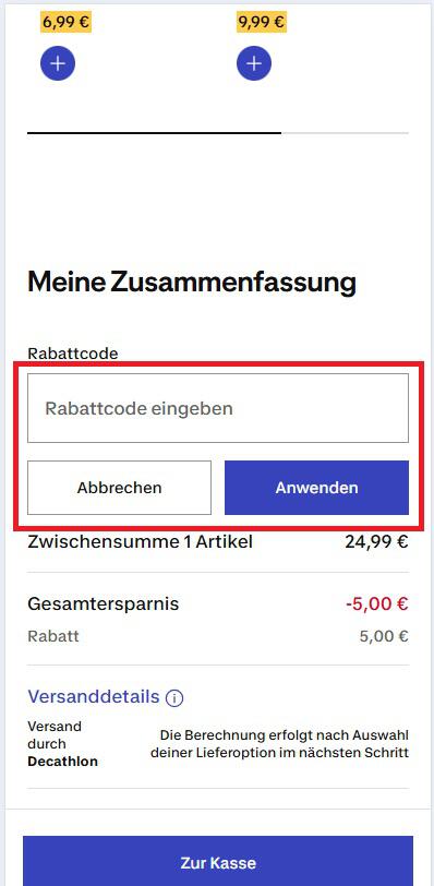 Eingabefeld für einen Decathlon Rabattcode in der Warenkorbansicht