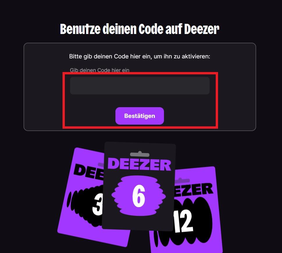 Eingabefeld zum Deezer Gutschein einlösen