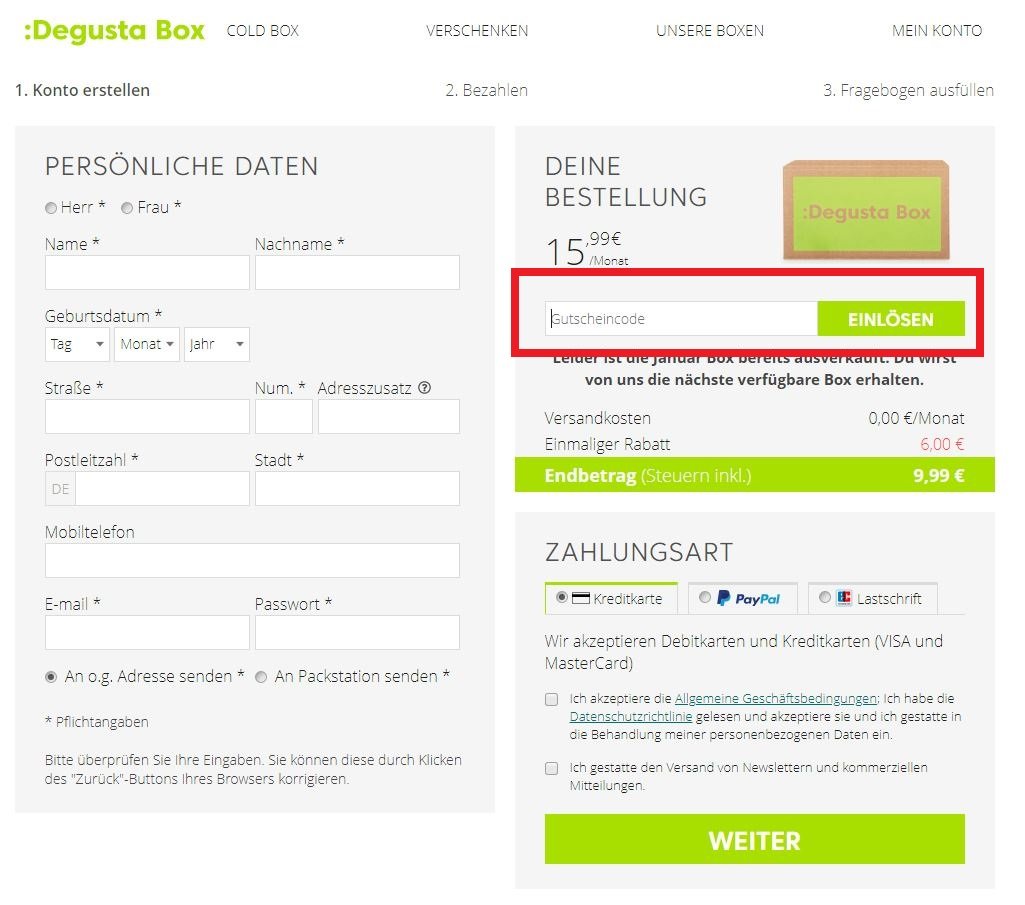 Degusta-Box-Code im Warenkorb einlösen