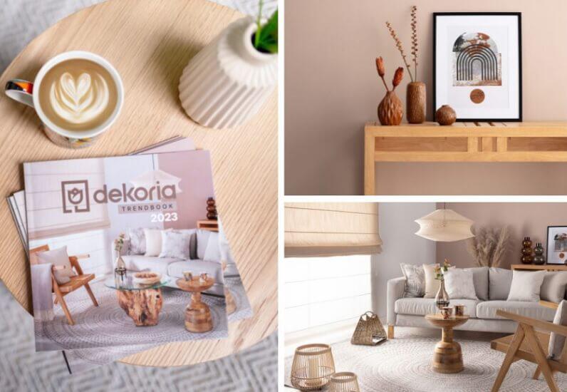 Banner für die Dekoria Gutscheinseite: 3 Detailaufnahmen von Couchtisch mit Dekoria Katalog, Konsolentisch mit Vasen und Bilderrahmen sowie eines Wohnzimmers mit Sofa und Sessel