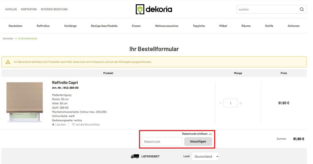 Screenshot aus dem Warenkorb mit Eingabefeld, wo du den Dekoria Rabattcode hinzufügen kannst