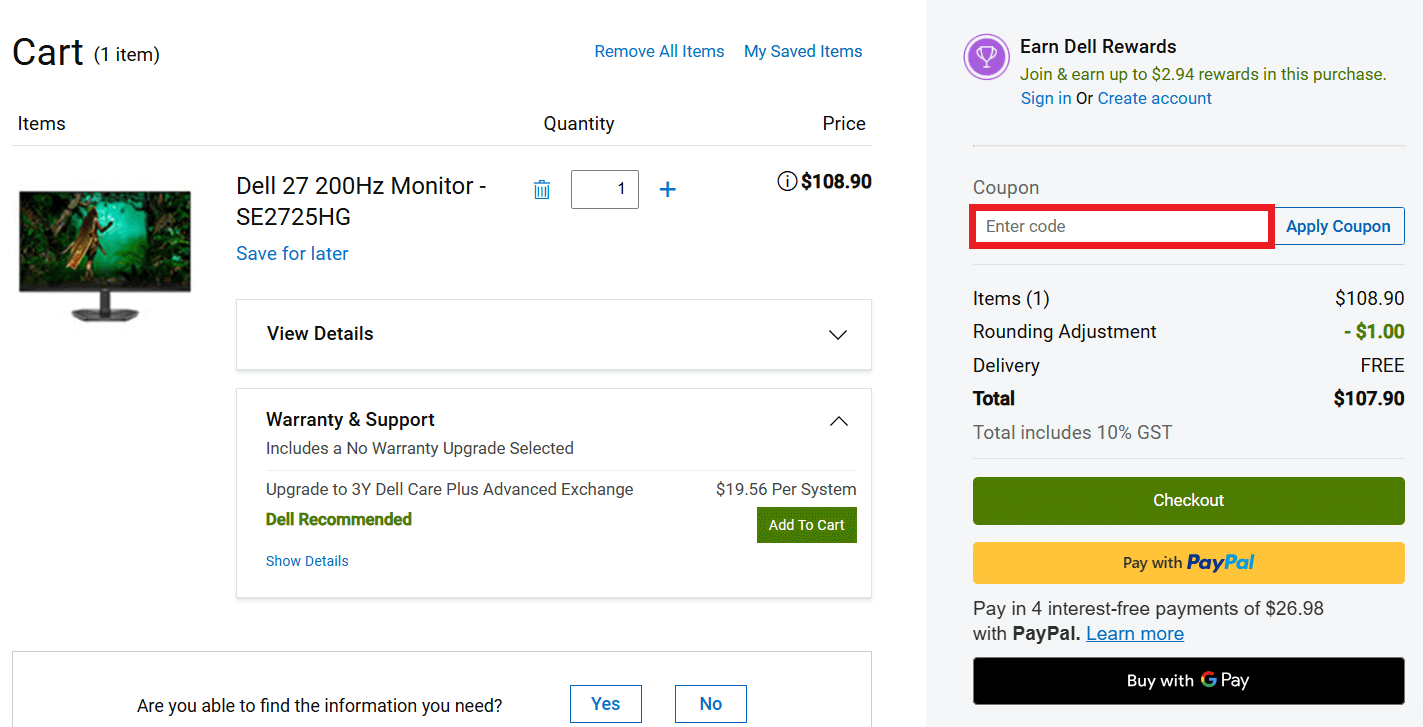 Dell discount code box in shopping cart