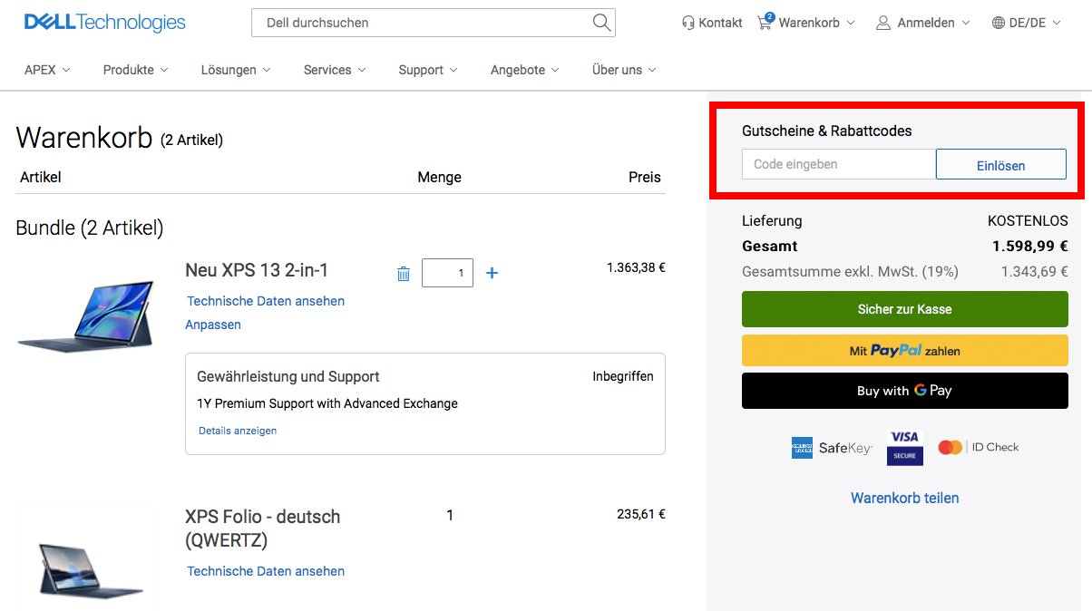 Eingabefeld für den Dell Gutscheincode im Online-Shop