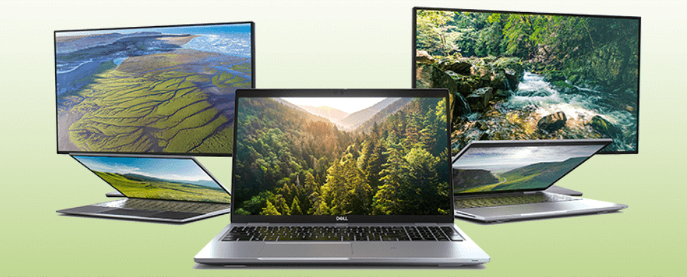 Dell Outlet how to save money banner featuring a selection of laptops on a green background