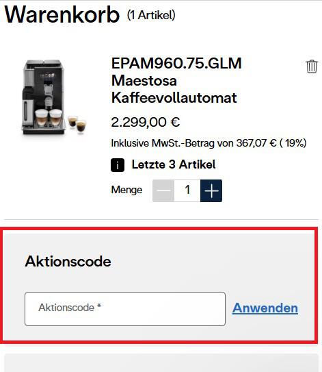 Warenkorb-Screenshot mit Eingabefeld für deinen DeLonghi Gutschein