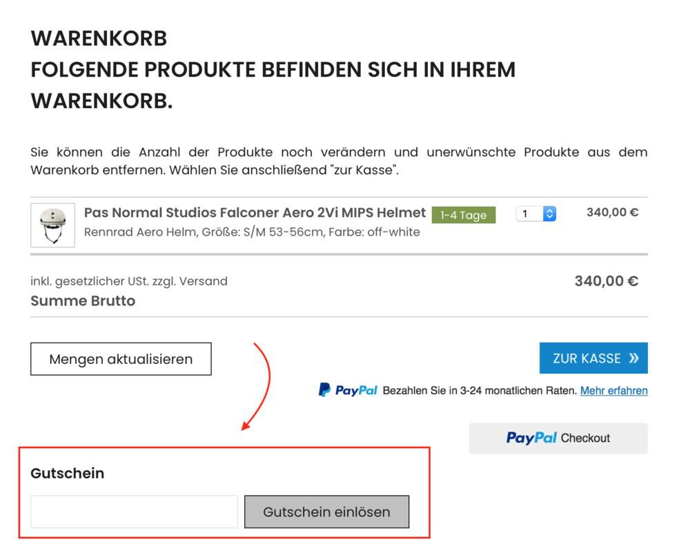 Warenkorb-Screenshot mit Eingabefeld für deinen Delta-Bike Gutschein