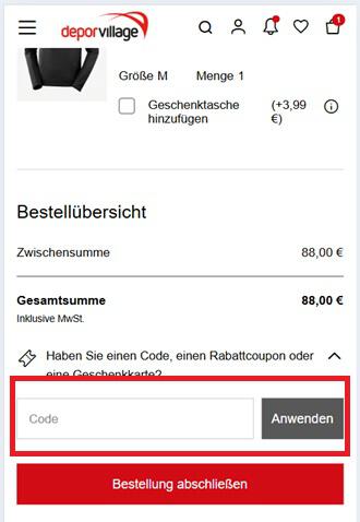 Warenkorbansicht mit Feld zum Deporvillage Gutschein einlösen