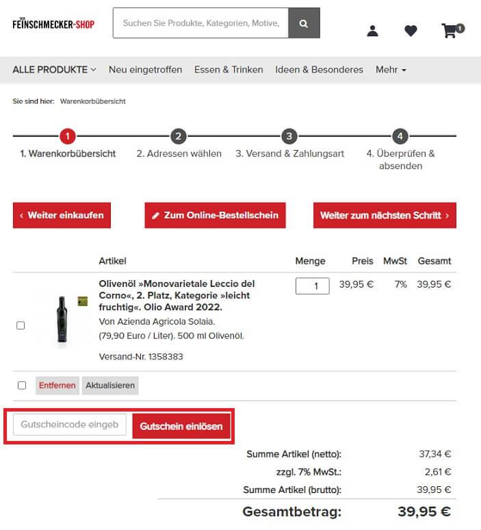 Screenshot aus dem Warenkorb mit Eingabefeld, wo du den Feinschmecker Shop Gutschein einlösen kannst