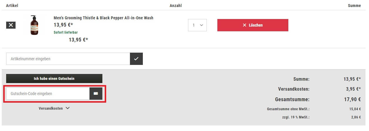 Screenshot des Eingabefeldes für einen Der Gepflegte Mann Gutschein im Warenkorb auf dergepflegtemann.de