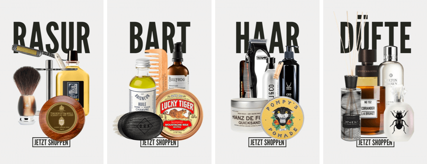 Banner für die Der Gepflegte Mann Gutscheinseite: Screenshot des Sortiments im Der Gepflegte Mann Online-Shop mit den Bereichen Rasur, Bart, Haar und Düfte